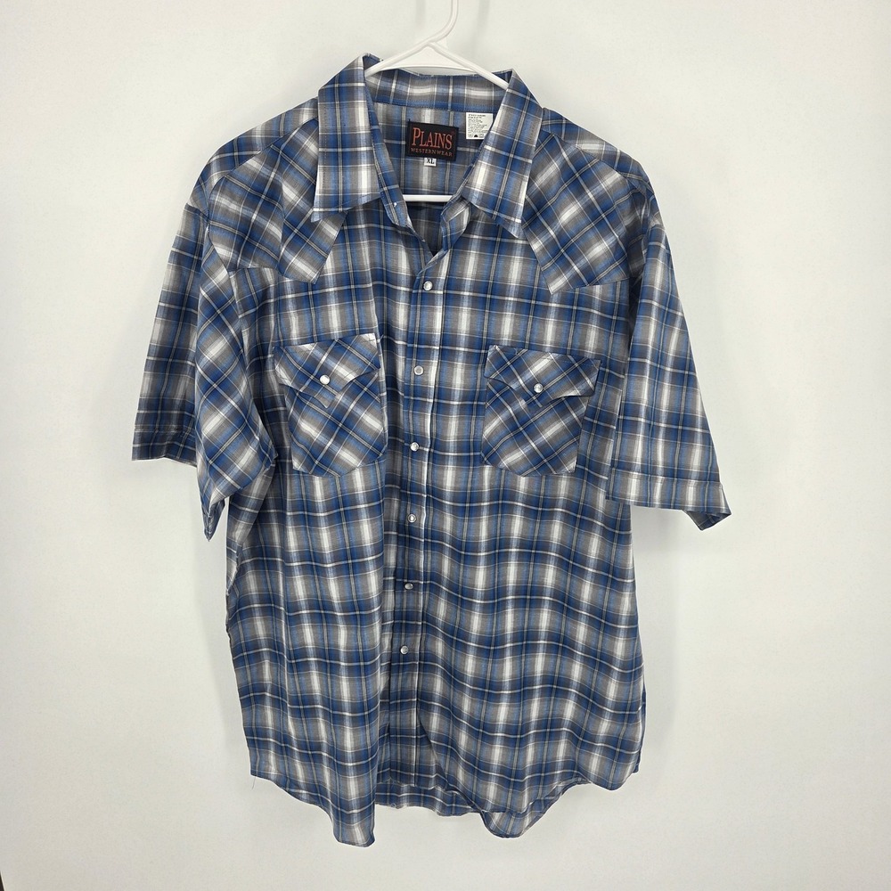 Vintage Plains Western Wear Mens XL Blue Plaid Pearl Snap Short Sleeve Shirt